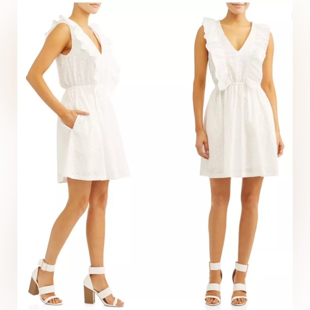 Textile Elizabeth & James White Cotton Eyelet Ruffle Dress Size Large V Neck